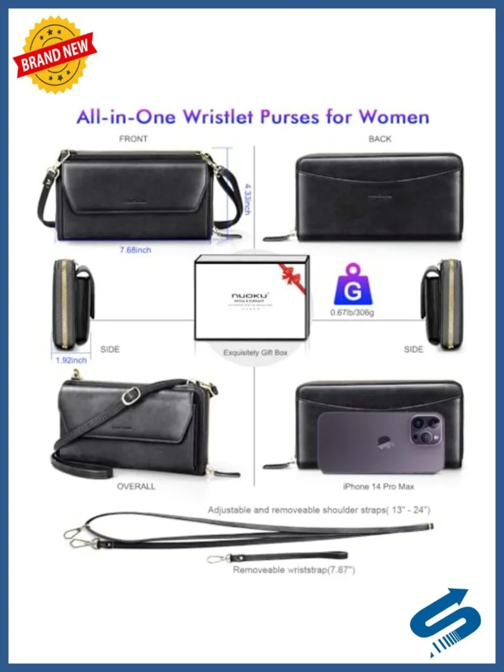 RFID Blocking Zip-Around Wristlet Wallet Crossbody Clutch with 2 Removable